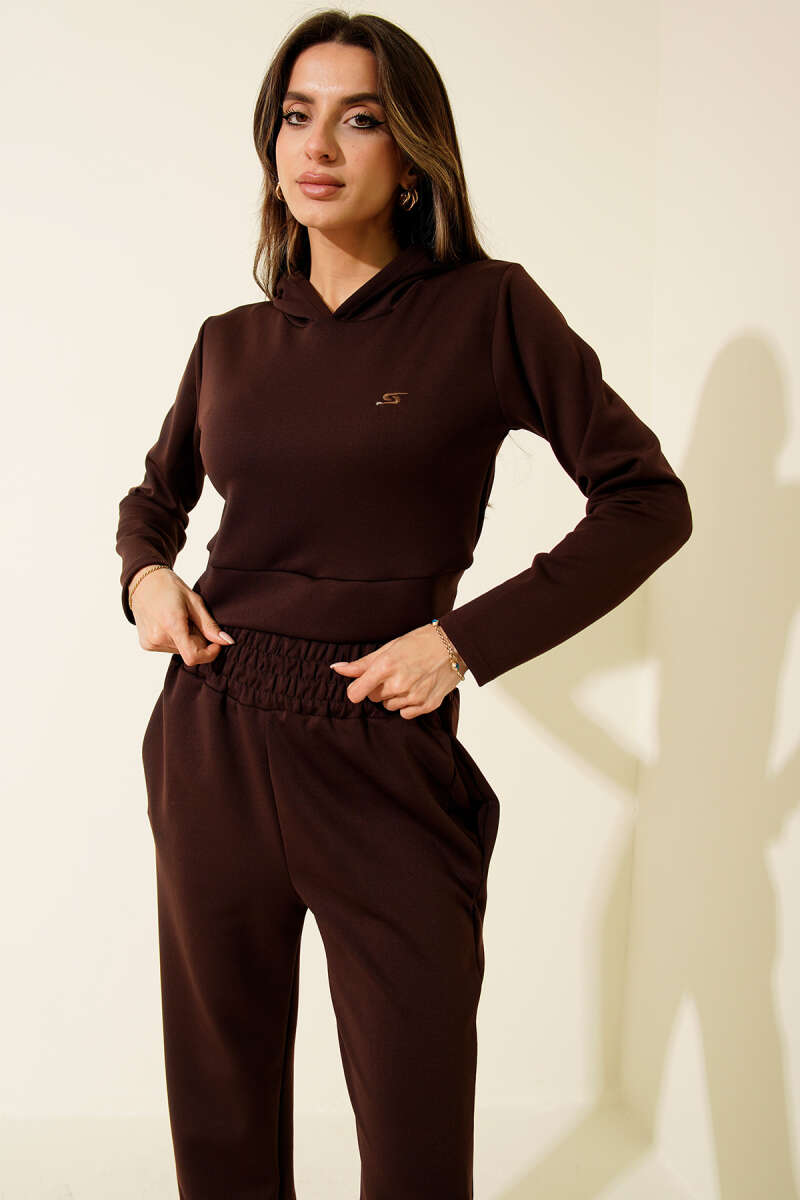 Embroidered Hooded Crop Two-Piece Set - Brown