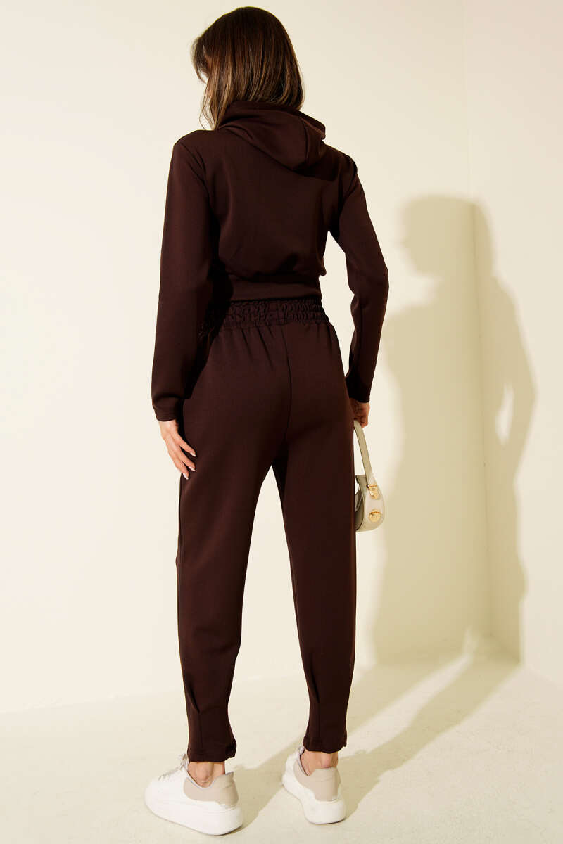 Embroidered Hooded Crop Two-Piece Set - Brown