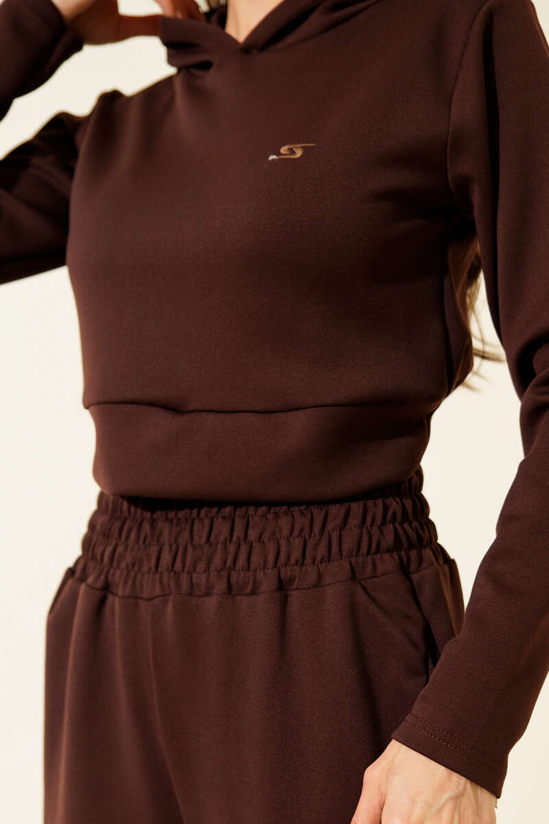 Embroidered Hooded Crop Two-Piece Set - Brown