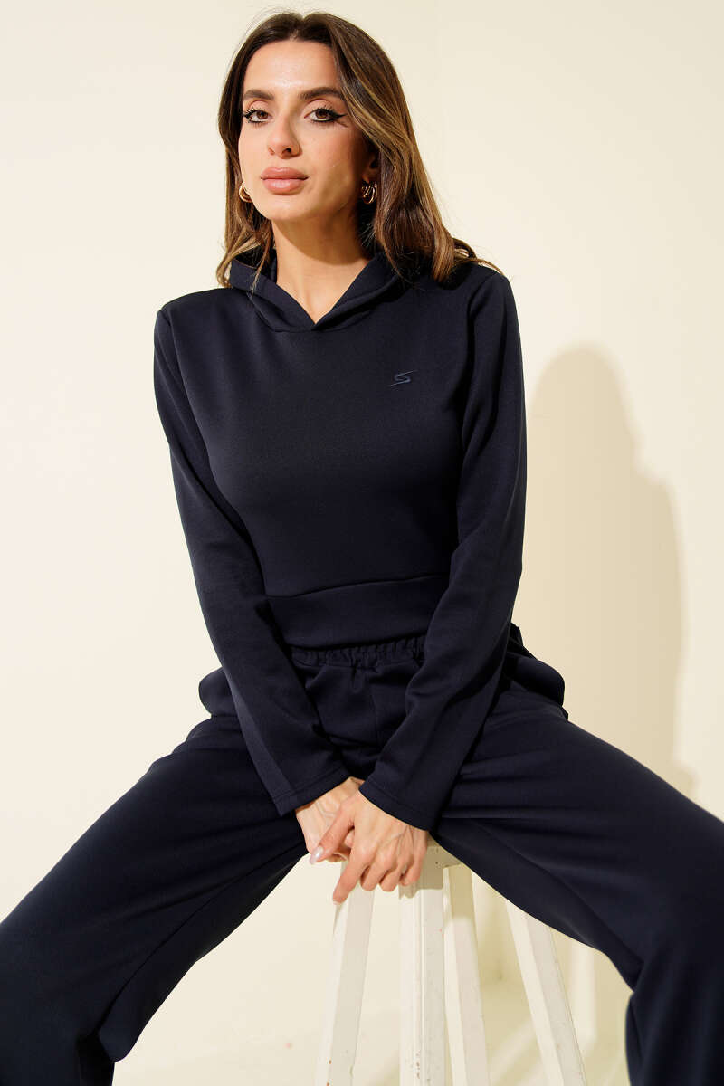 Embroidered Hooded Crop Two-Piece Set - Navy