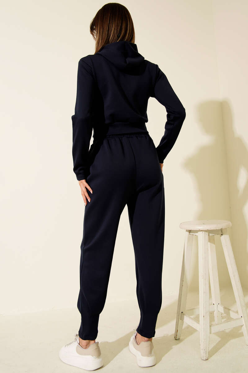 Embroidered Hooded Crop Two-Piece Set - Navy