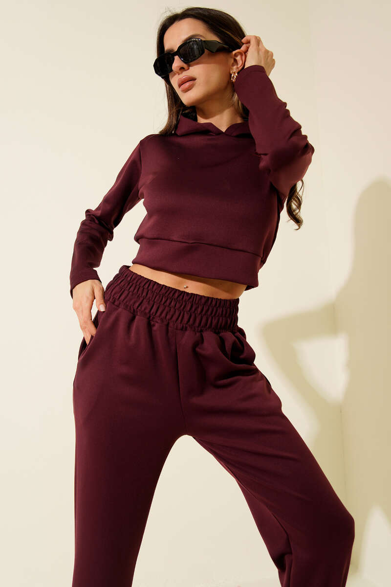 Embroidered Hooded Crop Two-Piece Set - Plum
