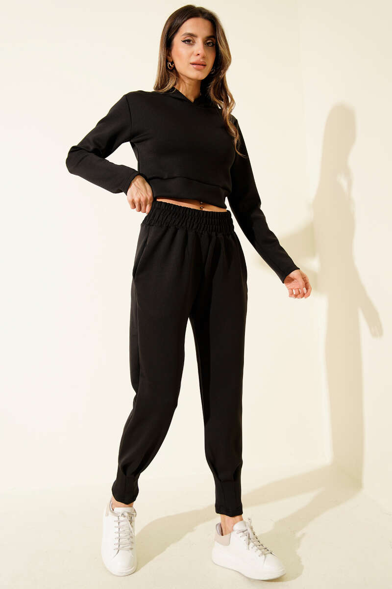 Embroidered Hooded Crop Two-Piece Set - Black