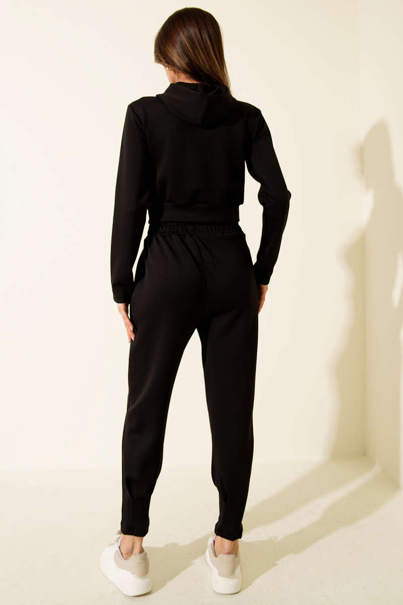 Embroidered Hooded Crop Two-Piece Set - Black