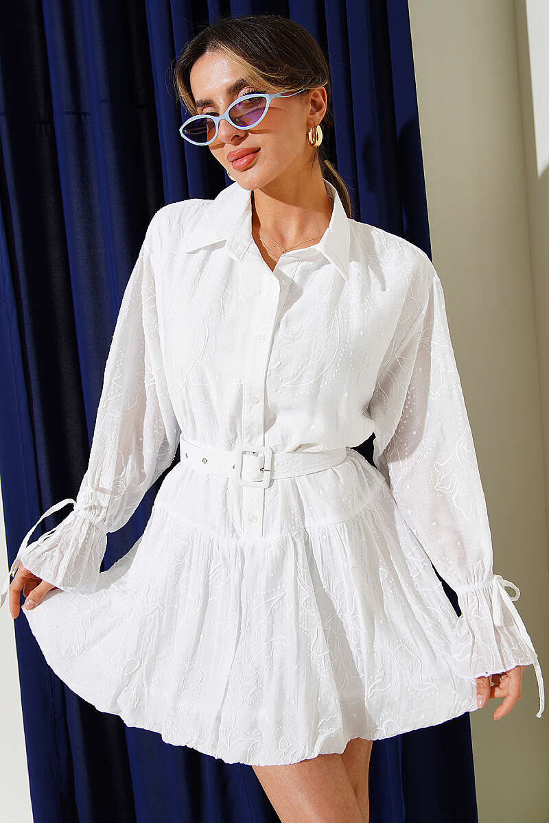 Embroidered Belted Dress - White