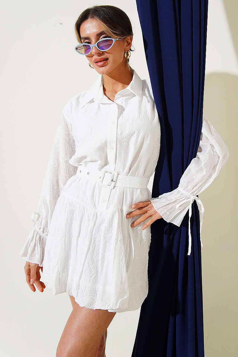 Embroidered Belted Dress - White
