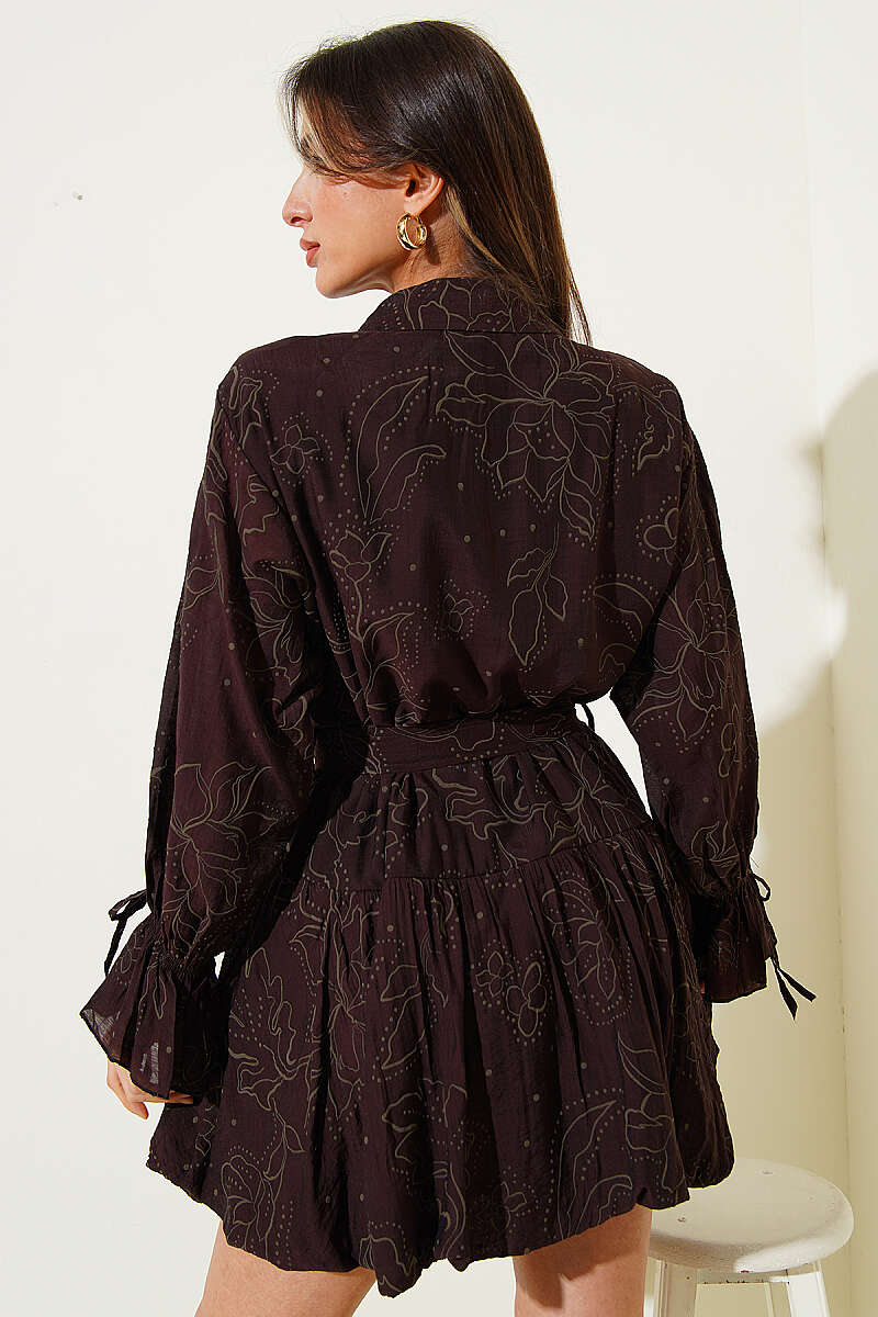 Embroidered Belted Dress - Brown