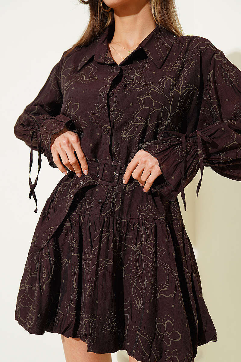 Embroidered Belted Dress - Brown