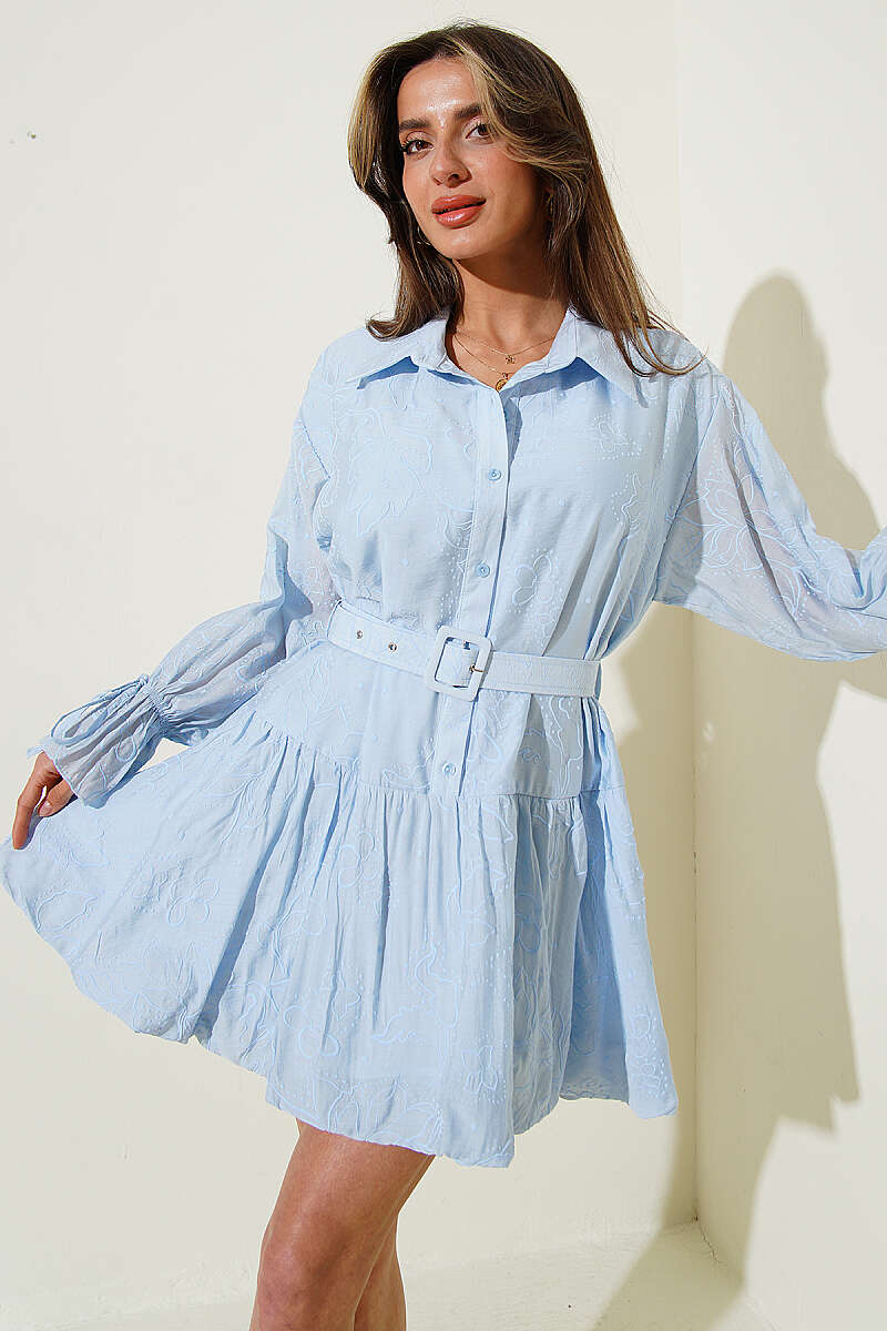 Embroidered Belted Dress - Blue