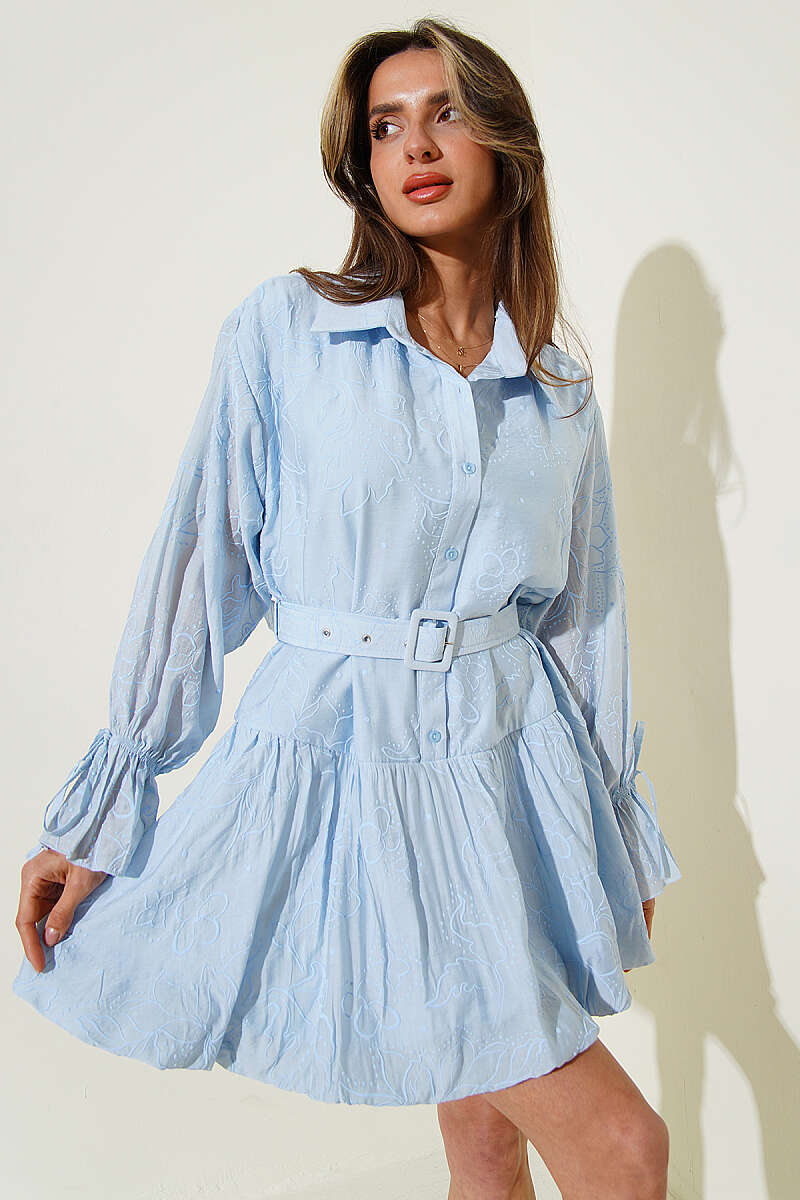 Embroidered Belted Dress - Blue