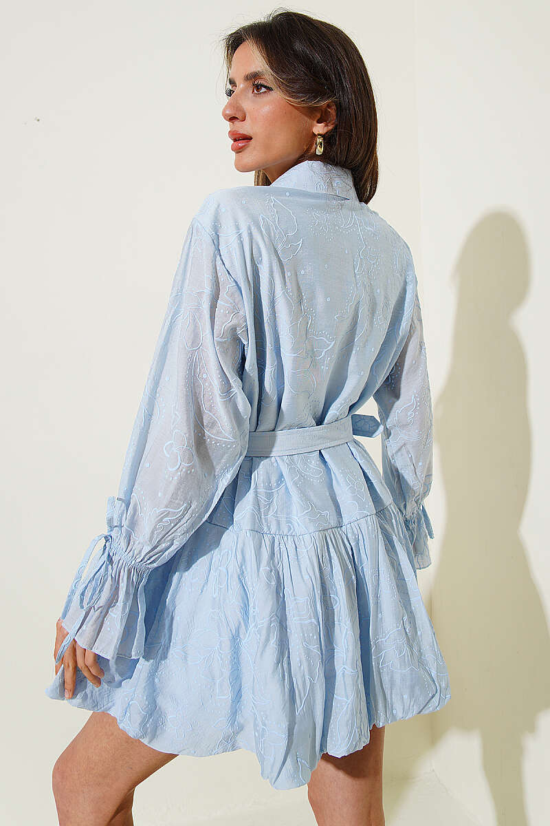 Embroidered Belted Dress - Blue