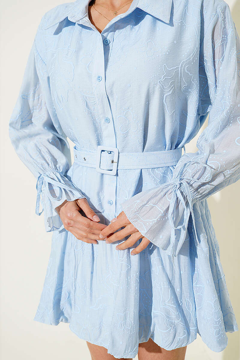 Embroidered Belted Dress - Blue