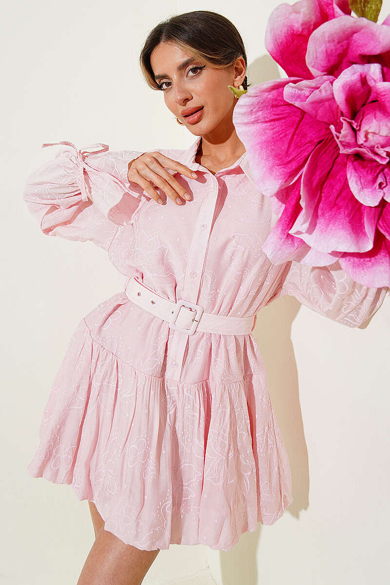 Embroidered Belted Dress - Pink
