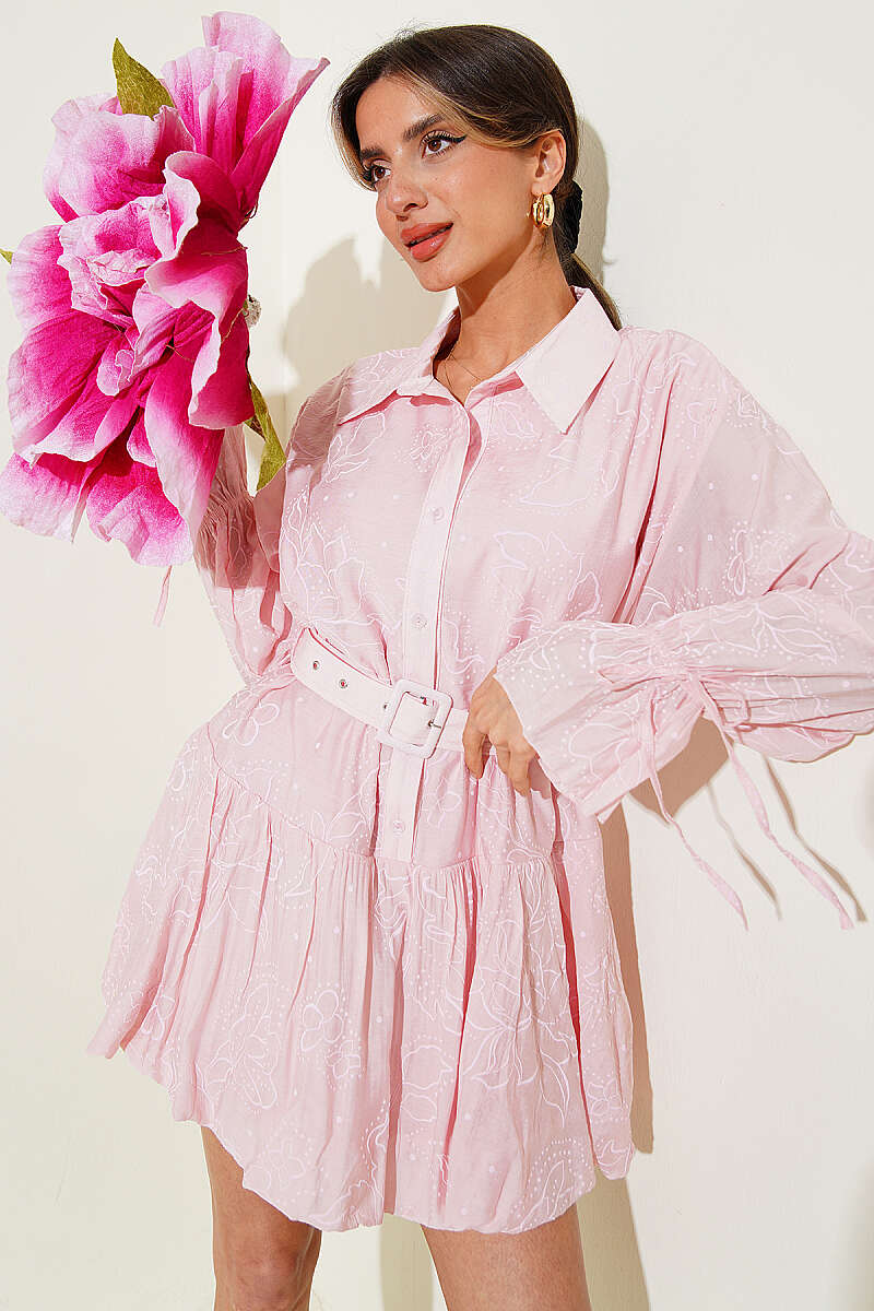 Embroidered Belted Dress - Pink