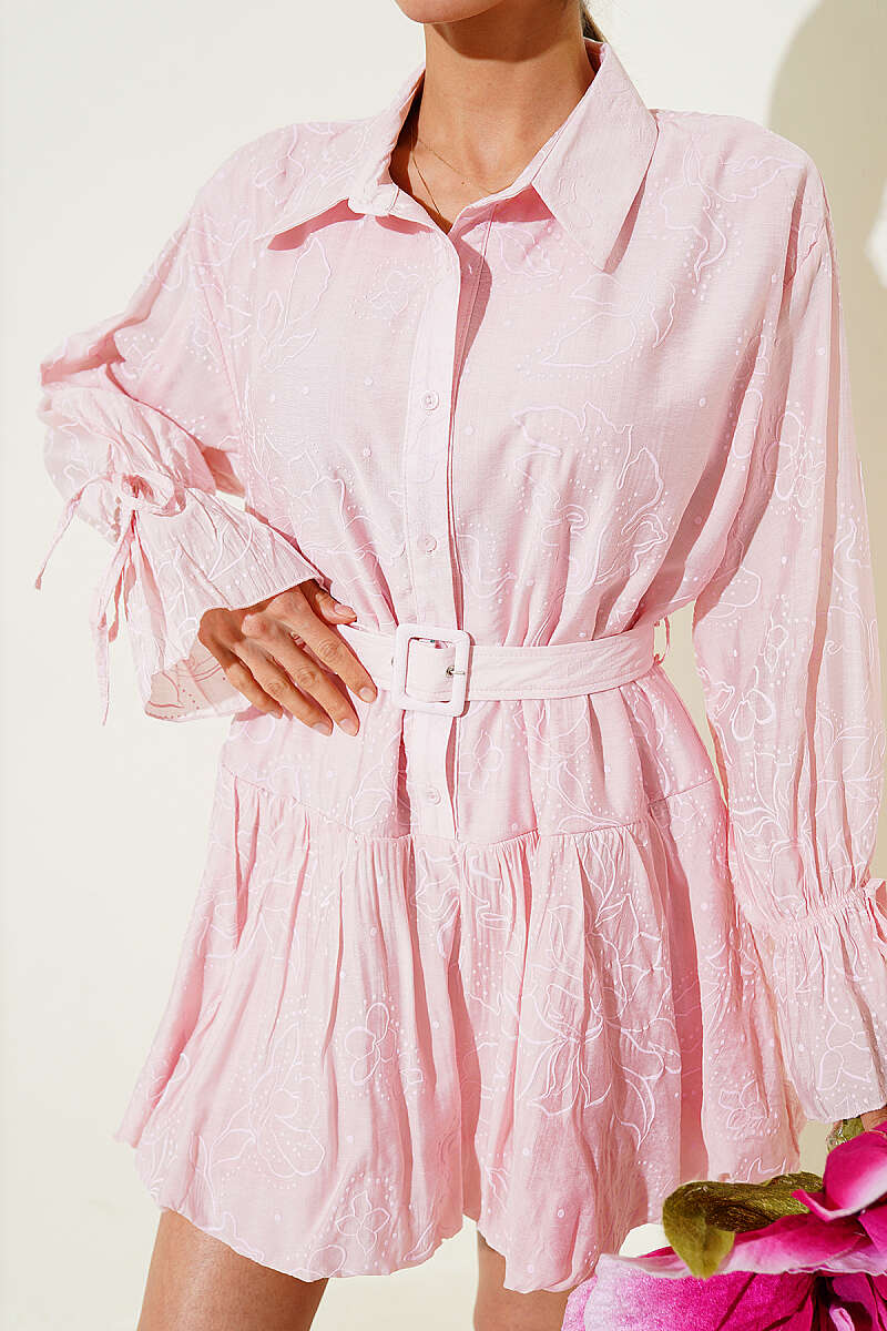 Embroidered Belted Dress - Pink