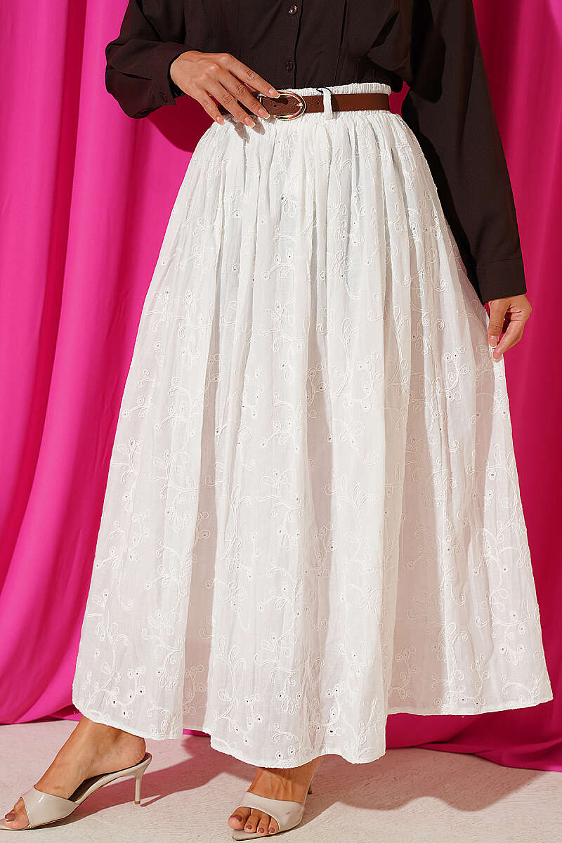Belted Embroidered Flared Skirt - Ecru