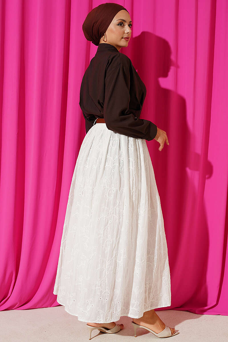 Belted Embroidered Flared Skirt - Ecru