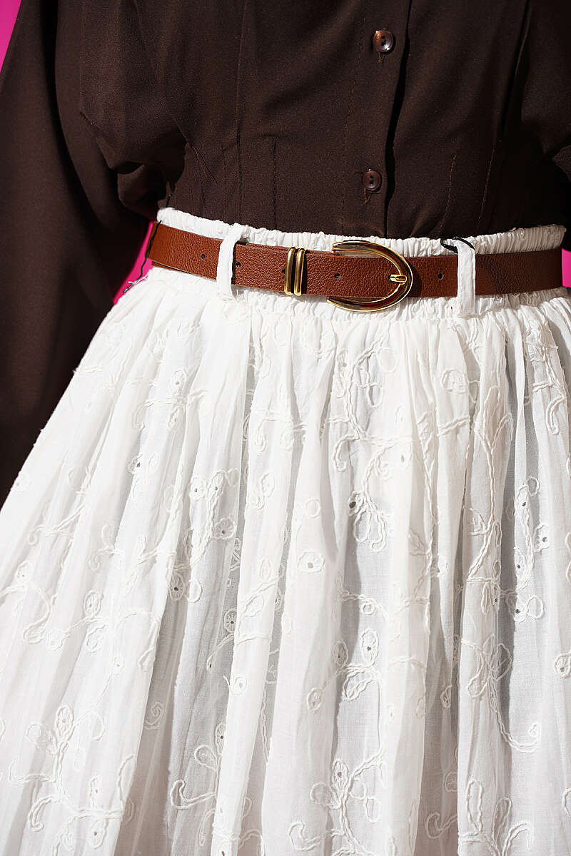 Belted Embroidered Flared Skirt - Ecru