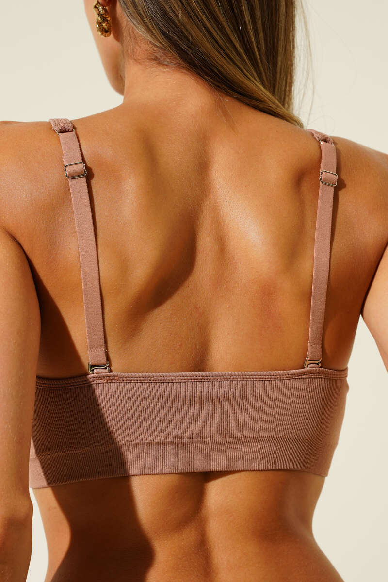 NBB V-Neck Ribbed Bra with Spaghetti Straps - Mink