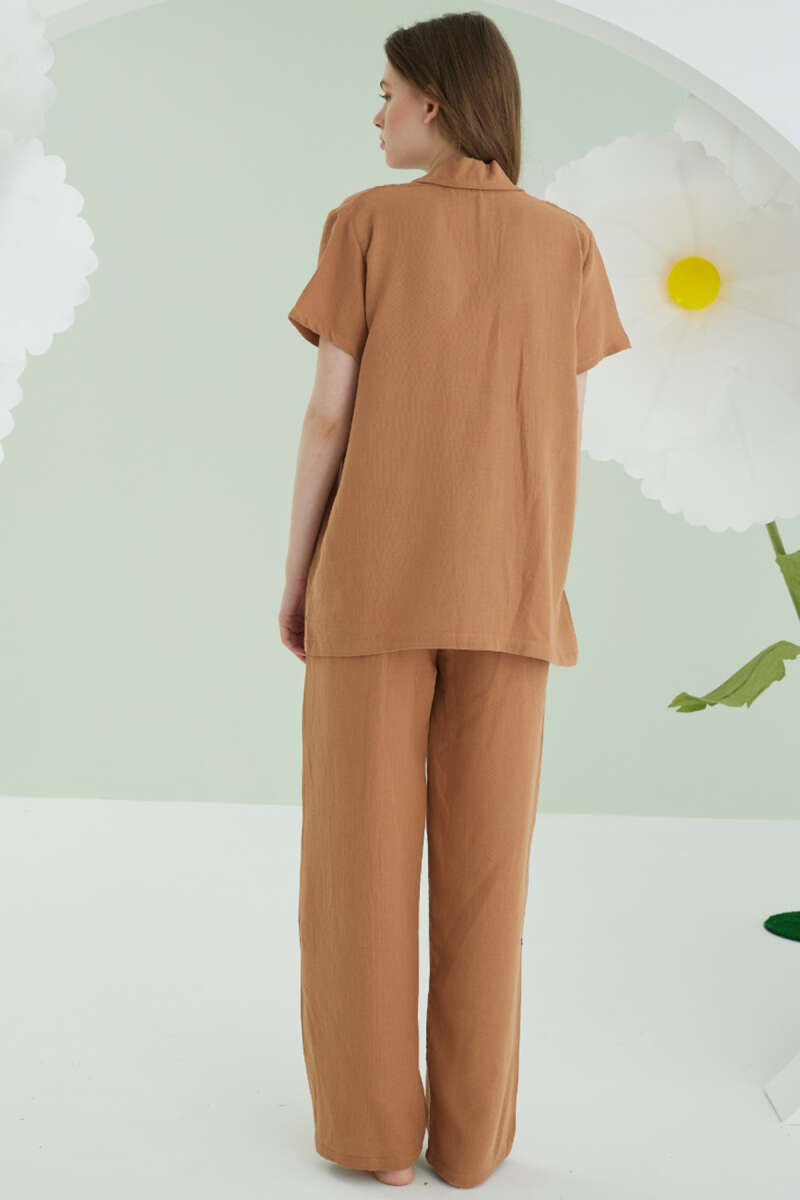 NBB Short-Sleeve Muslin Pyjama Set with Embroidered Pocket - Brown