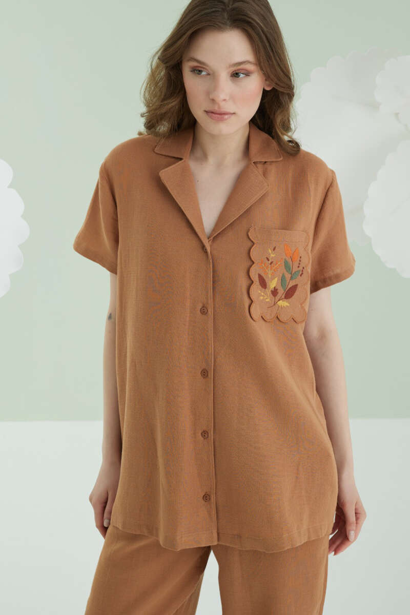 NBB Short-Sleeve Muslin Pyjama Set with Embroidered Pocket - Brown