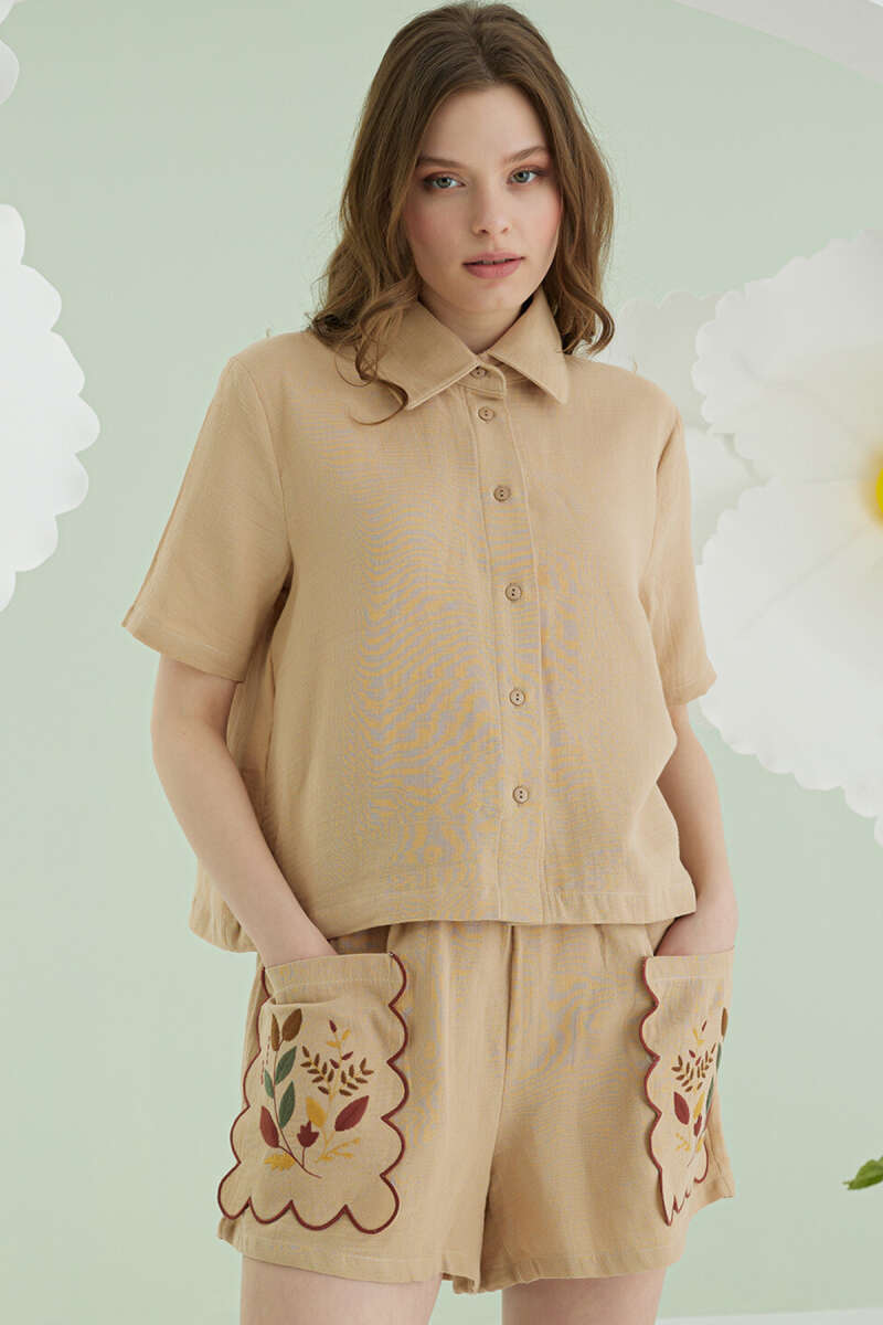 NBB Muslin Shorts Pyjama Set with Embroidered Pocket - Beige