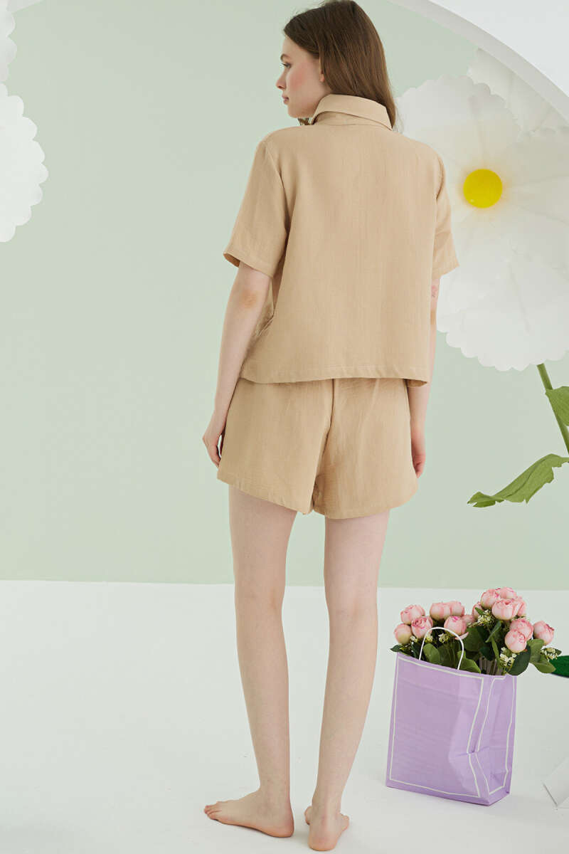 NBB Muslin Shorts Pyjama Set with Embroidered Pocket - Beige