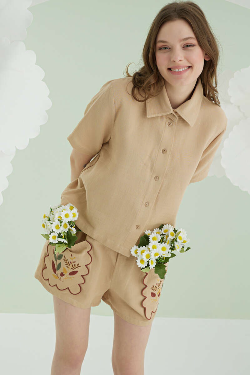NBB Muslin Shorts Pyjama Set with Embroidered Pocket - Beige