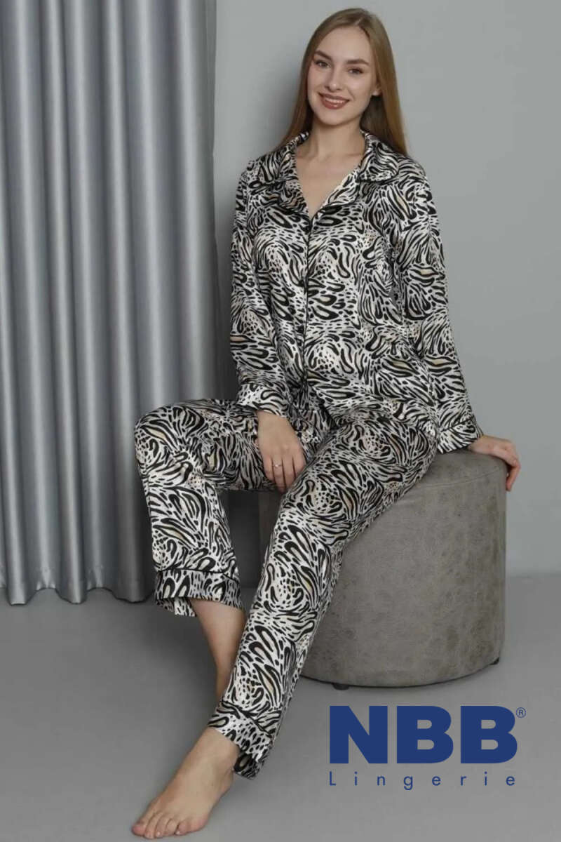 NBB Printed Satin Pyjama Set - Black-White