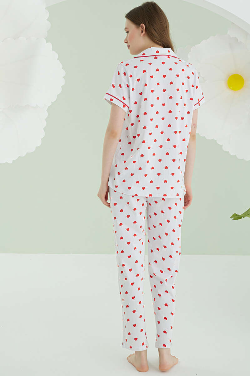 NBB Heart Print Button Linen Pyjama Set - Ecru