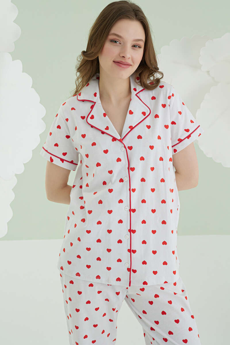 NBB Heart Print Button Linen Pyjama Set - Ecru