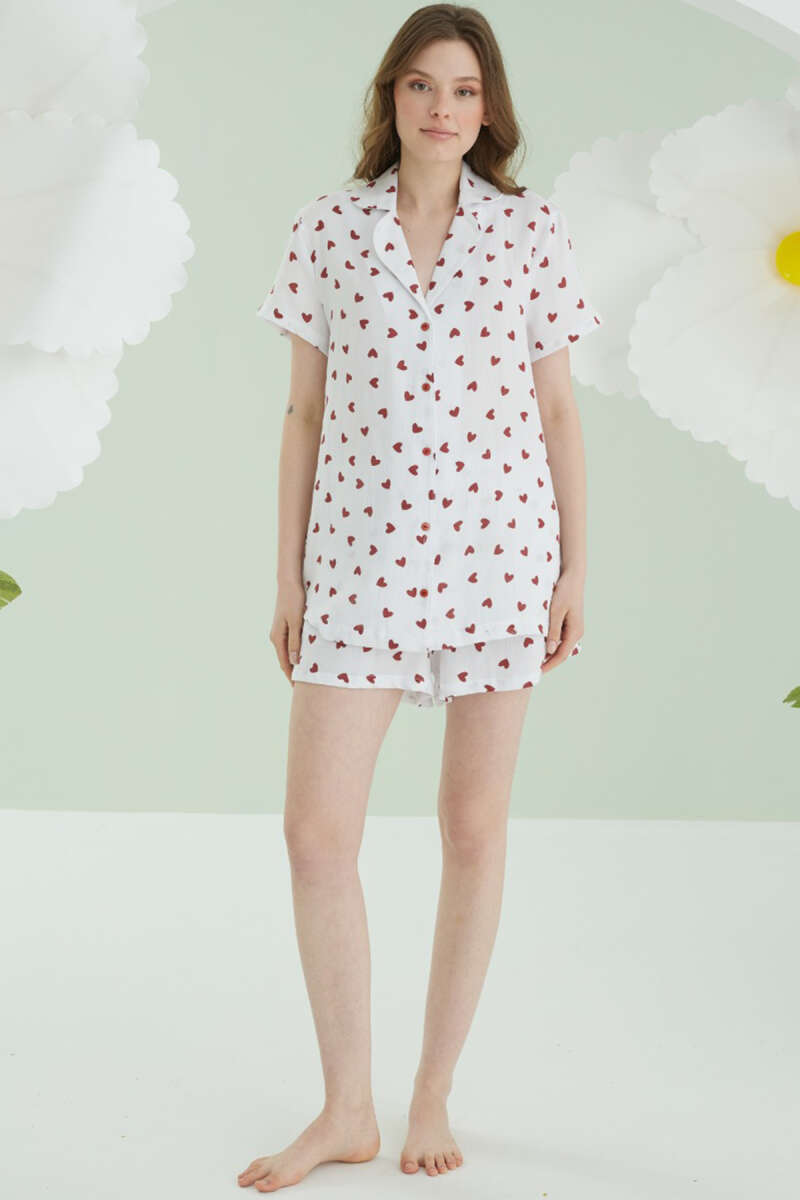 NBB Heart Button Linen Shorts Pyjama Set - Ecru