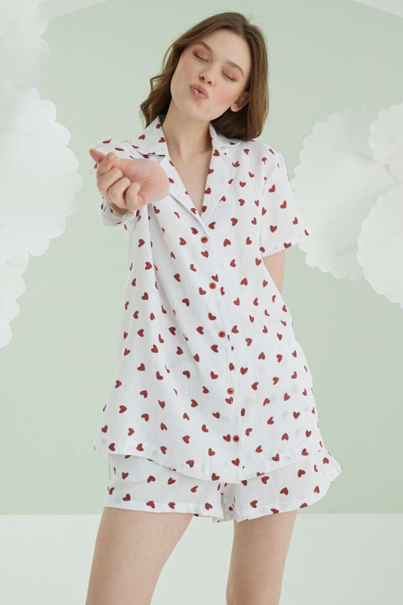 NBB Heart Button Linen Shorts Pyjama Set - Ecru