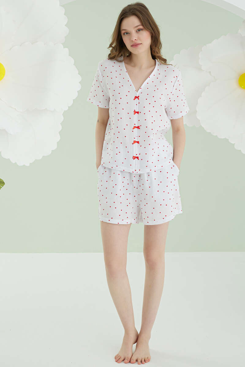 NBB Heart Bow Muslin Shorts Pyjama Set - Ecru
