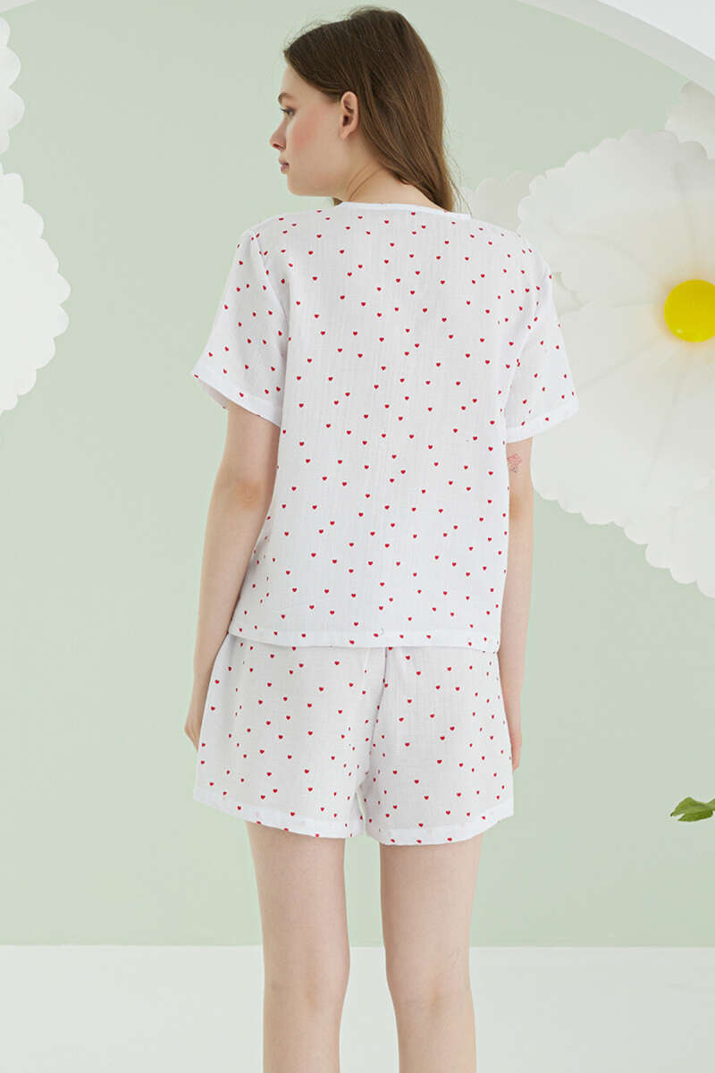 NBB Heart Bow Muslin Shorts Pyjama Set - Ecru