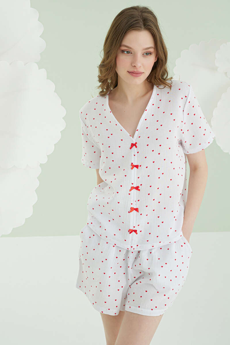 NBB Heart Bow Muslin Shorts Pyjama Set - Ecru