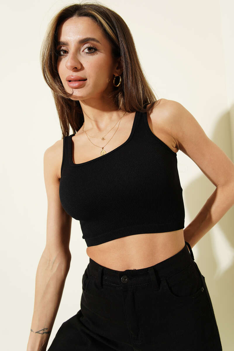 NBB Square-Neck Ribbed Crop Bodysuit - Black