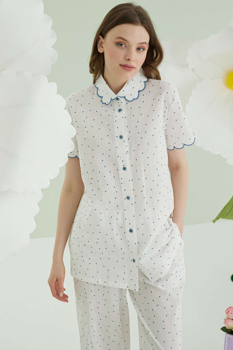 NBB Polka Dot Linen Pyjama Set - Blue