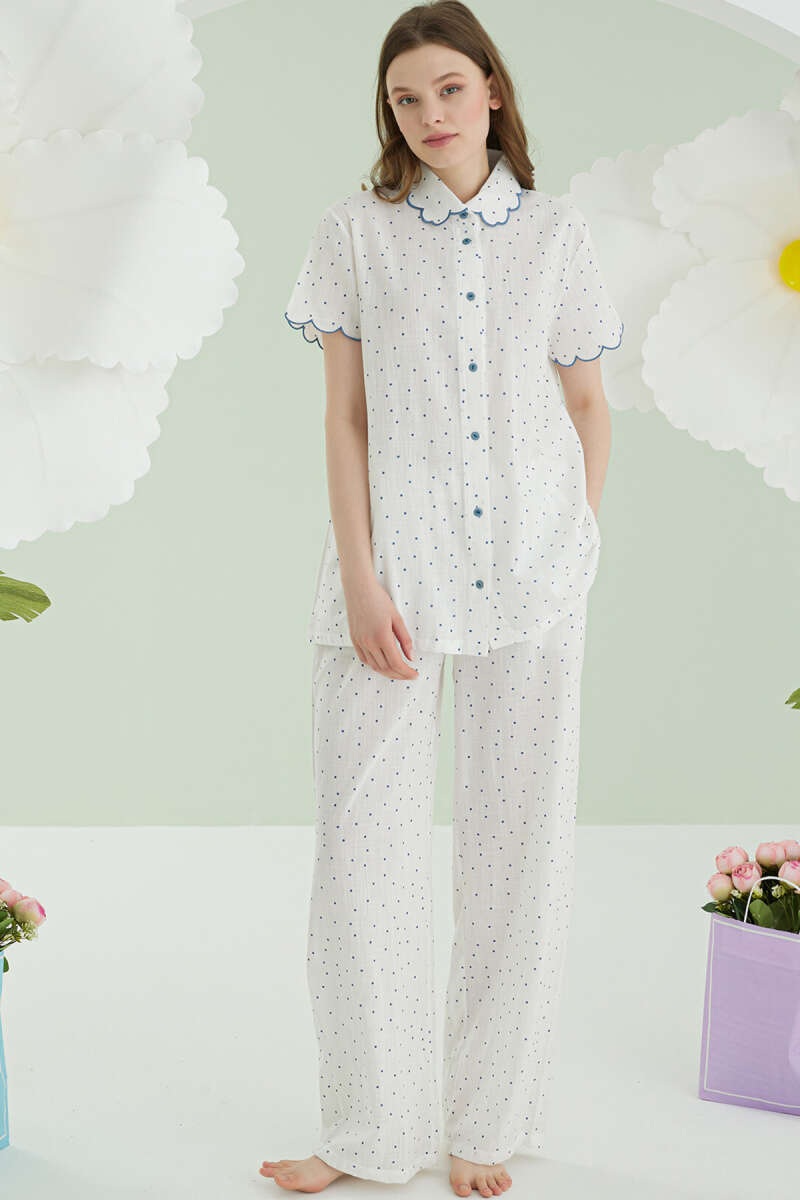 NBB Polka Dot Linen Pyjama Set - Blue