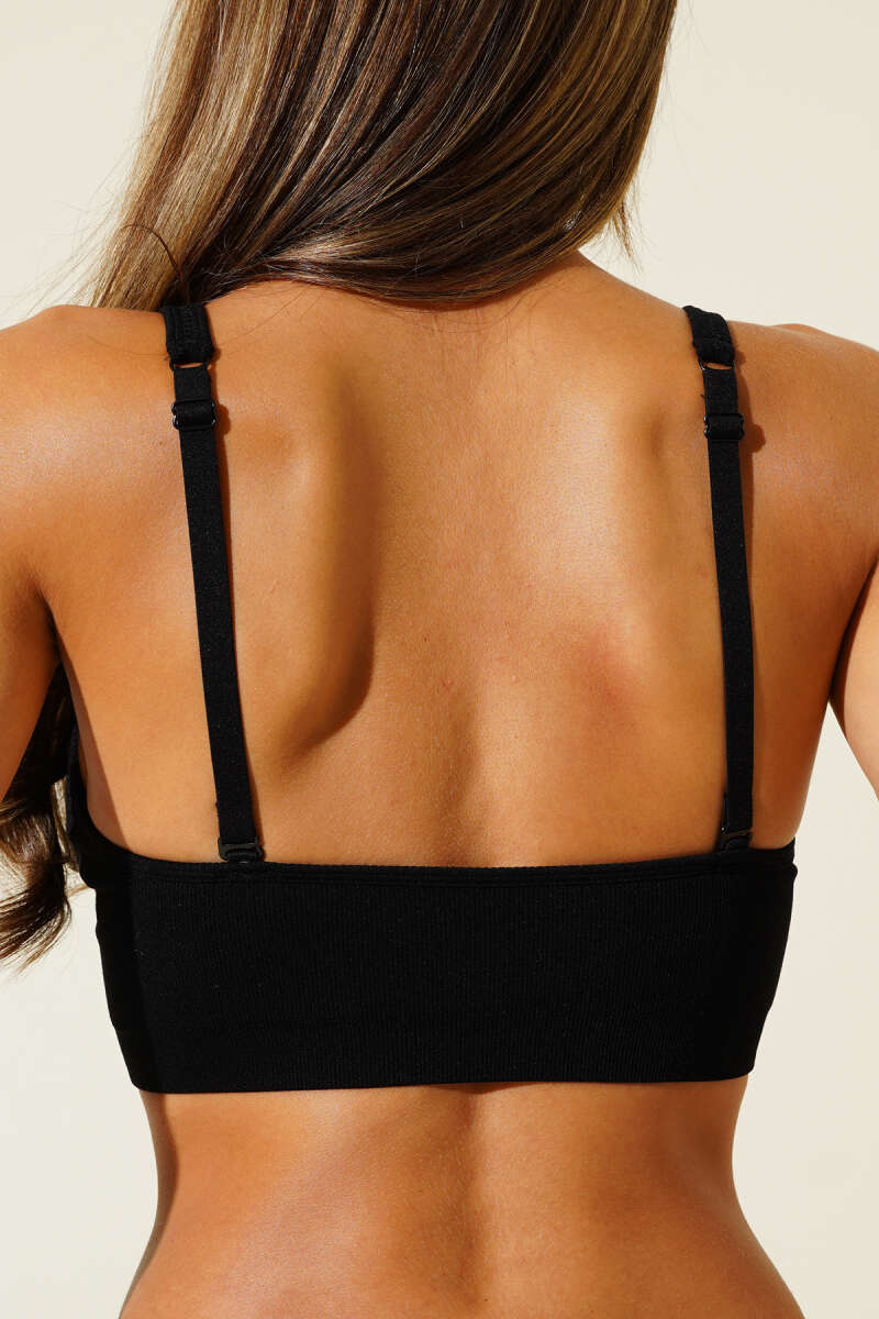 NBB V-Neck Ribbed Bra with Spaghetti Straps - Black