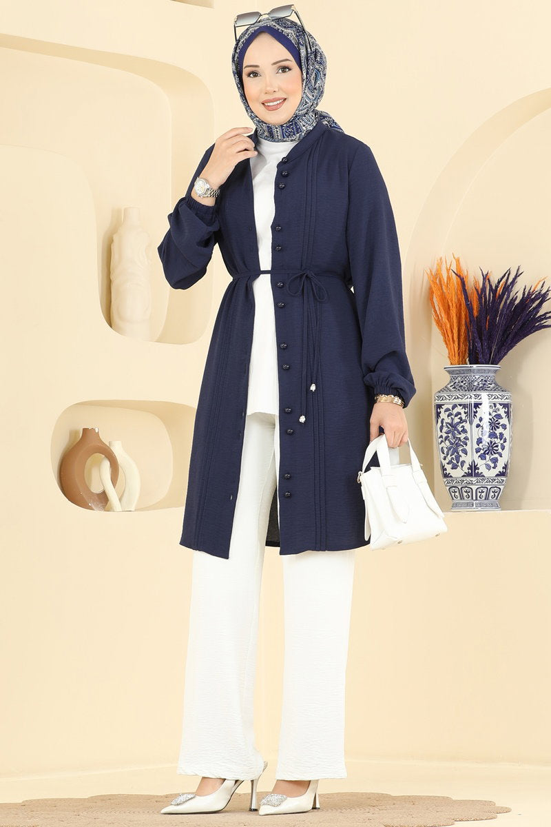 Aerobin Two-Piece Set with Pintucks - Navy-Ecru