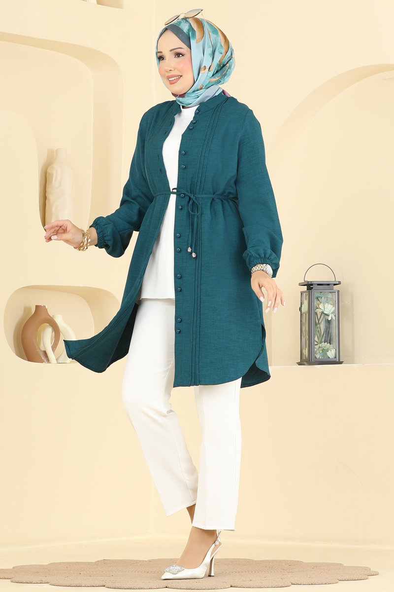 Linen Tunic with Pintucks and Ties - Teal