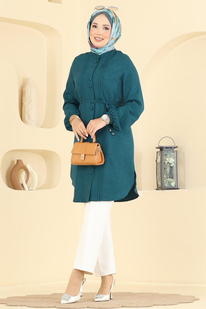 Linen Tunic with Pintucks and Ties - Teal