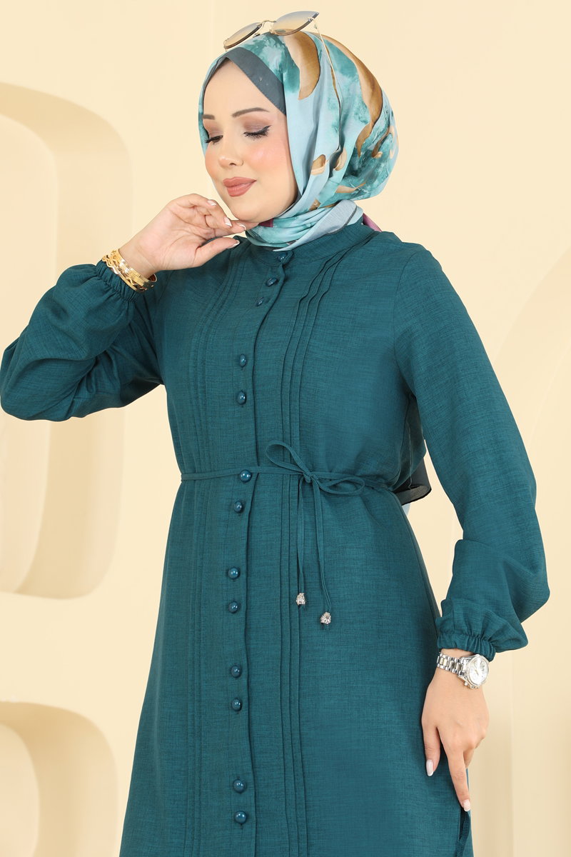 Linen Tunic with Pintucks and Ties - Teal