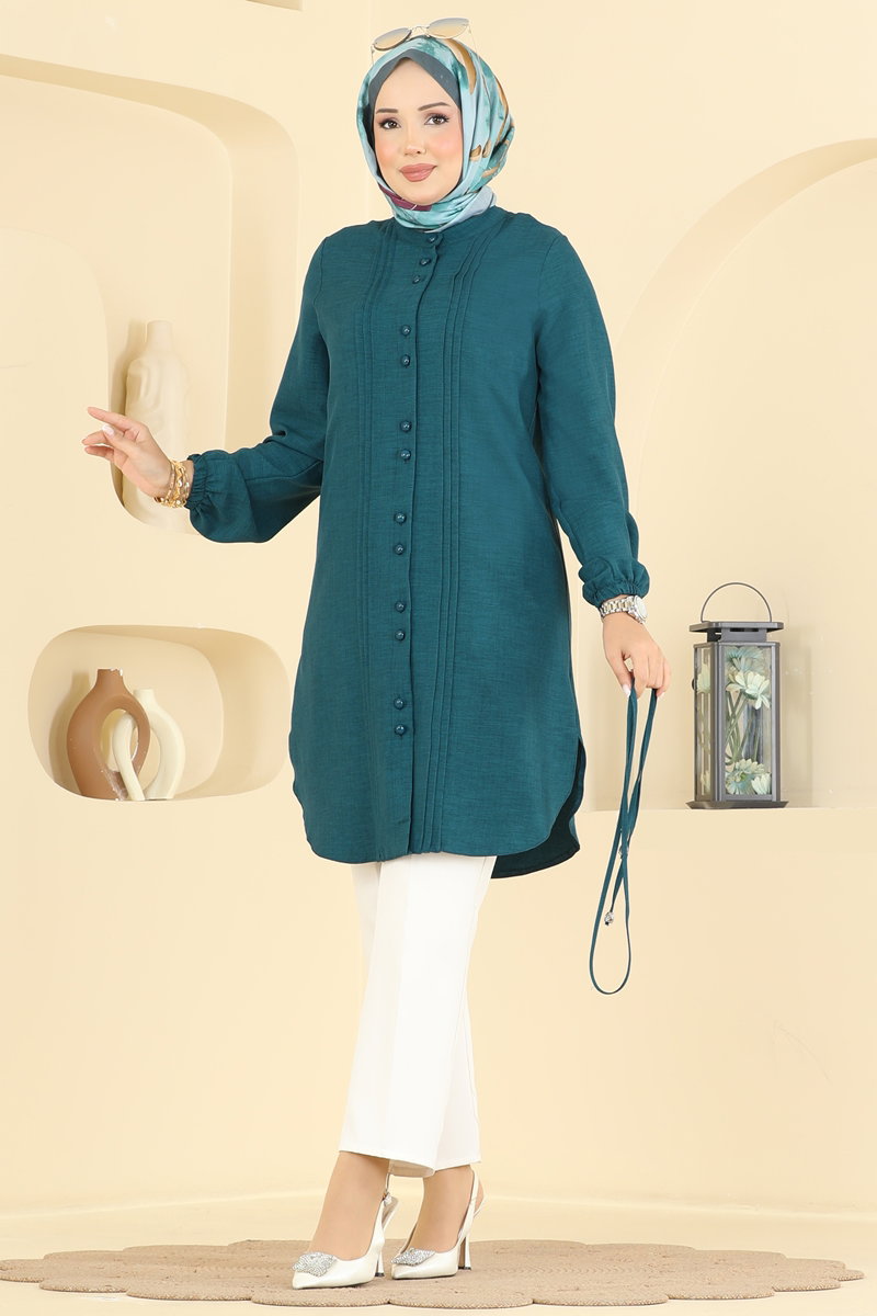Linen Tunic with Pintucks and Ties - Teal