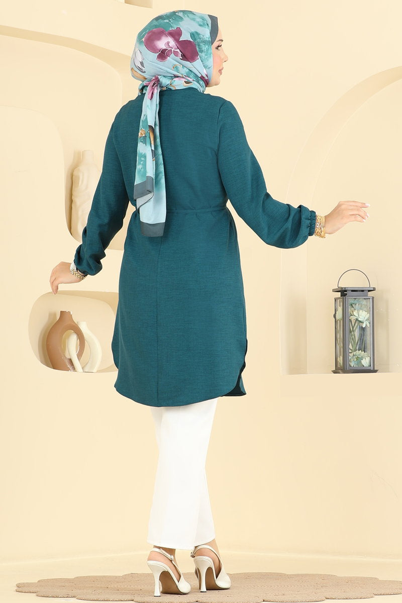 Linen Tunic with Pintucks and Ties - Teal