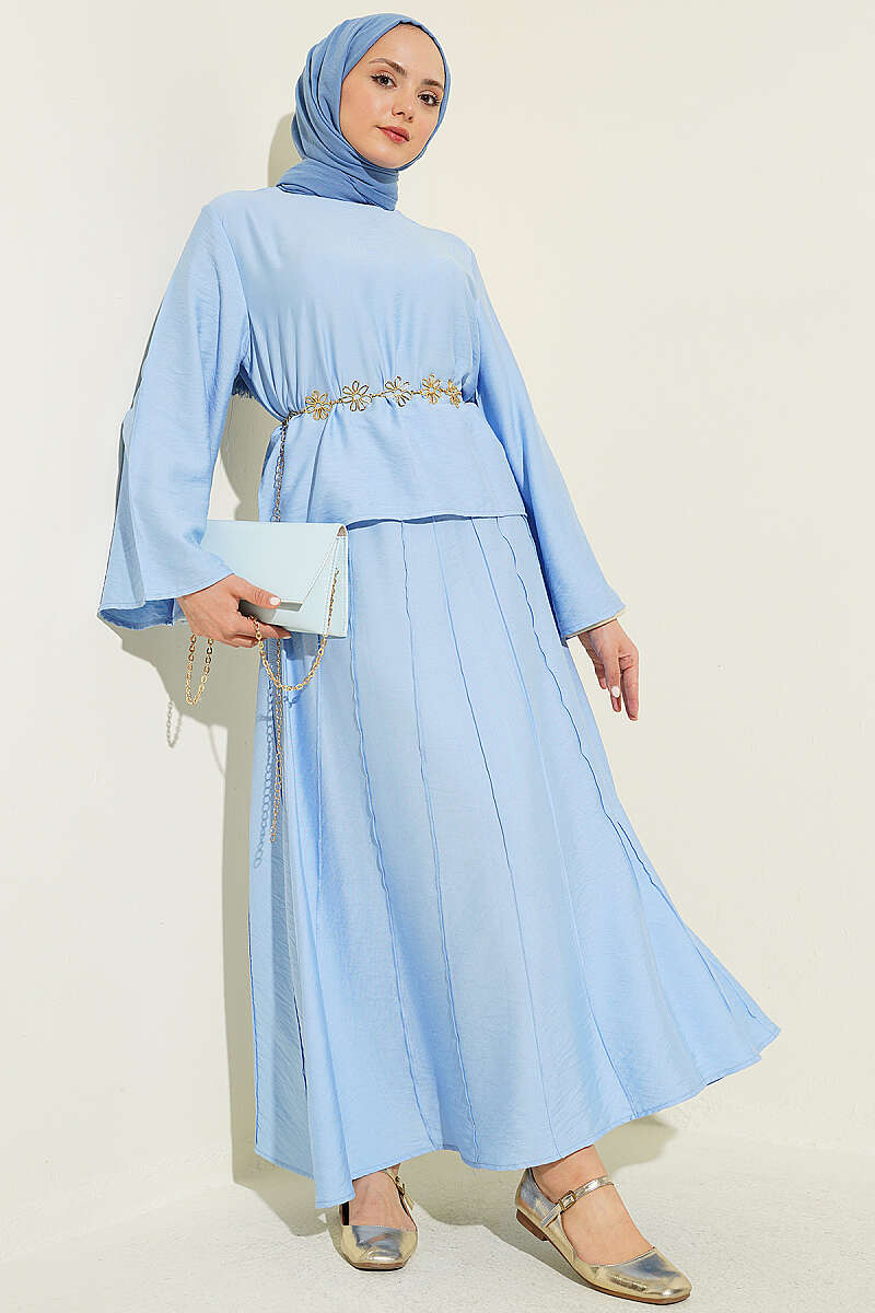 Ribbed-Blouse Skirt Set - Light Blue