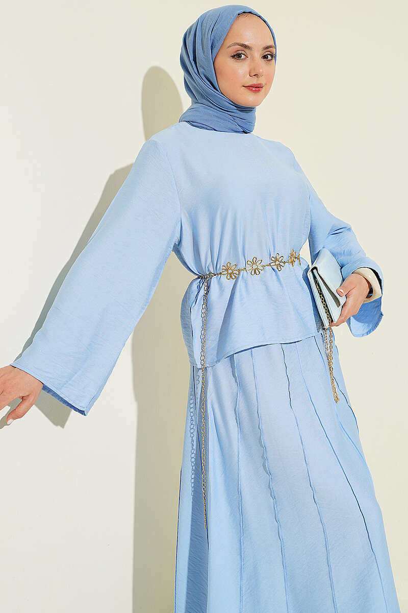 Ribbed-Blouse Skirt Set - Light Blue