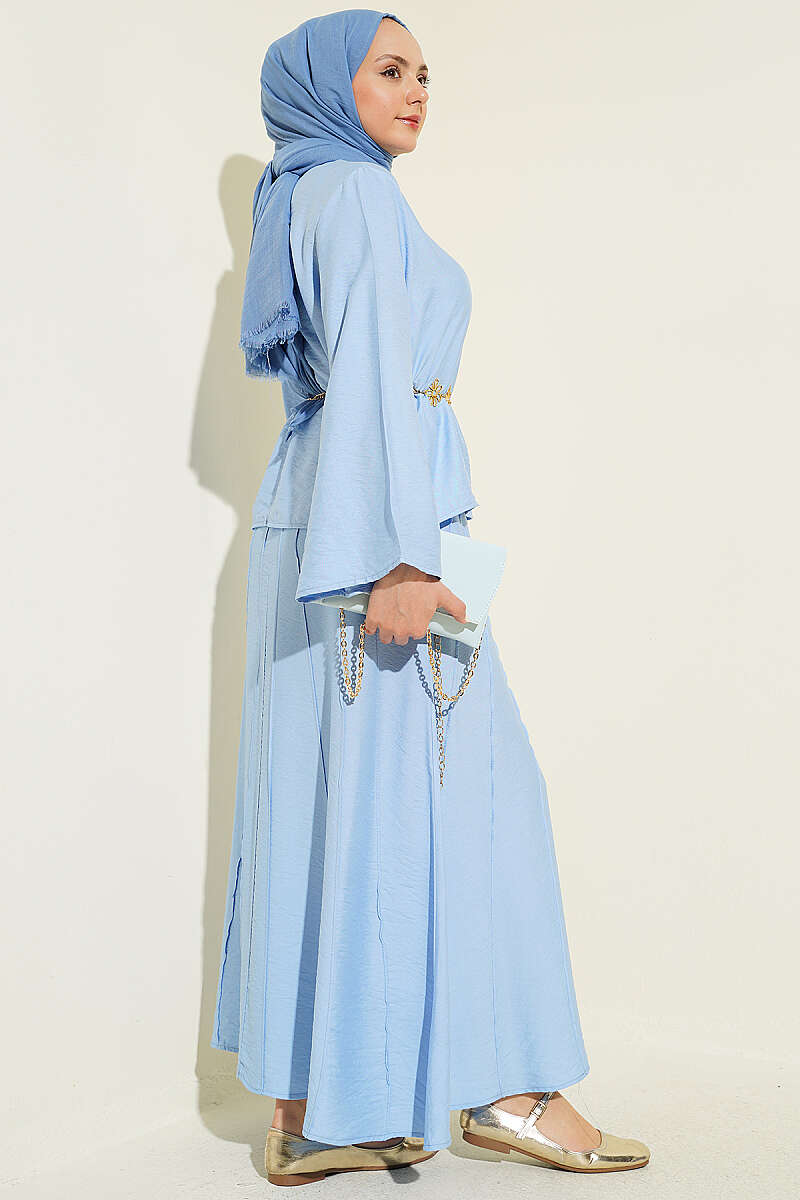 Ribbed-Blouse Skirt Set - Light Blue