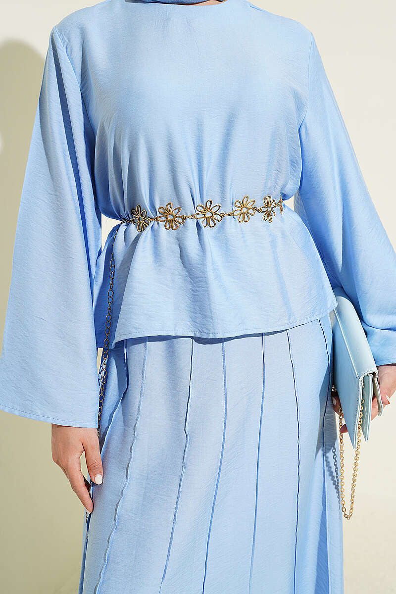 Ribbed-Blouse Skirt Set - Light Blue